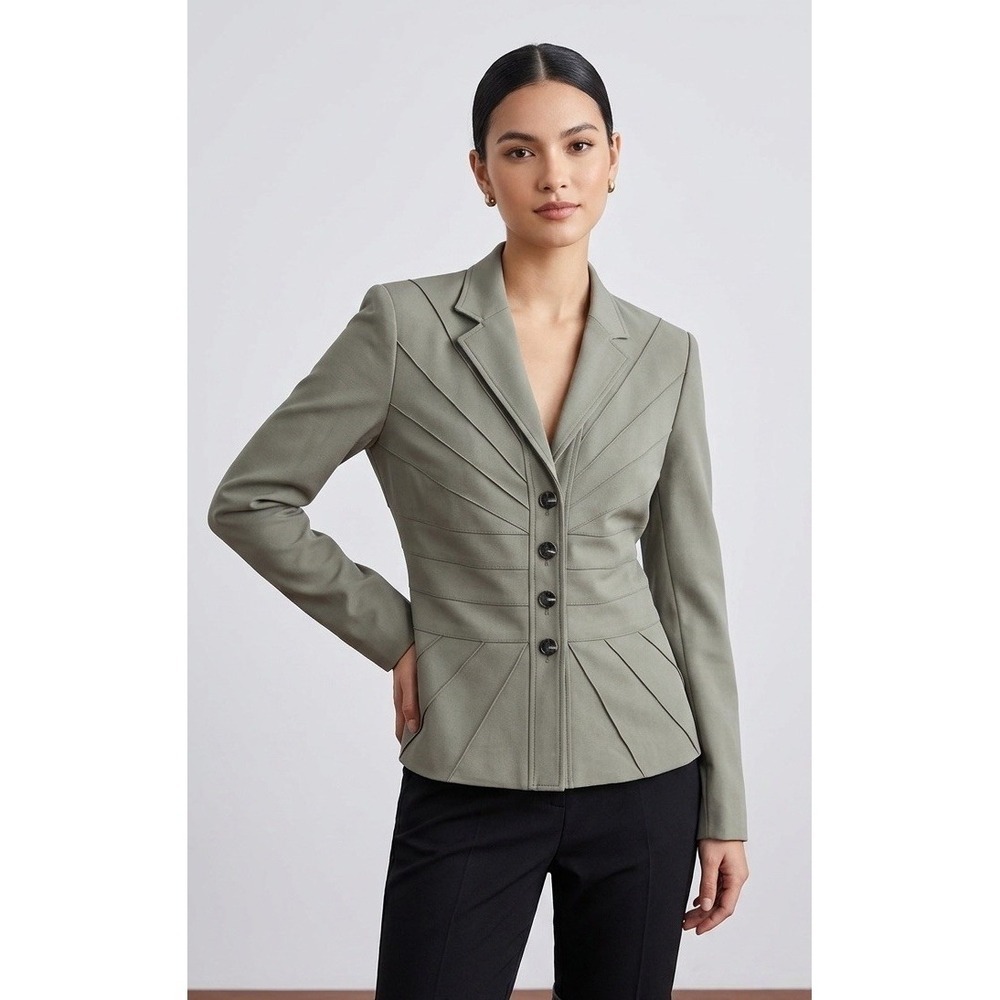 ESCADA Sage Green Pleated Architectural Blazer Jacket EU 38 Corporate Luxury